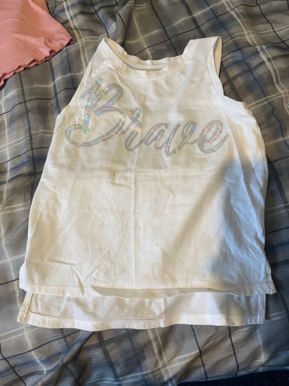 Athletic Works White Tank Top with Holographic 'Brave' Script